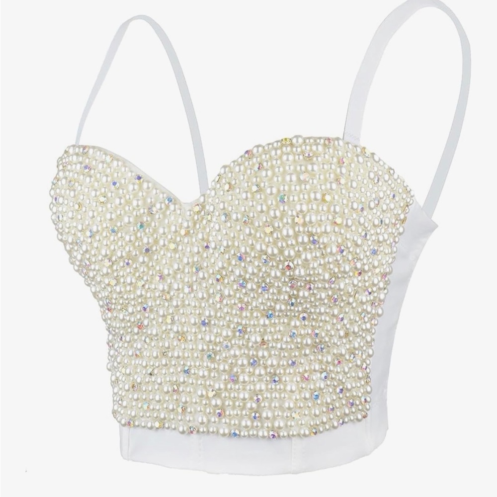 Pearl Embellished White Crop Cami Top